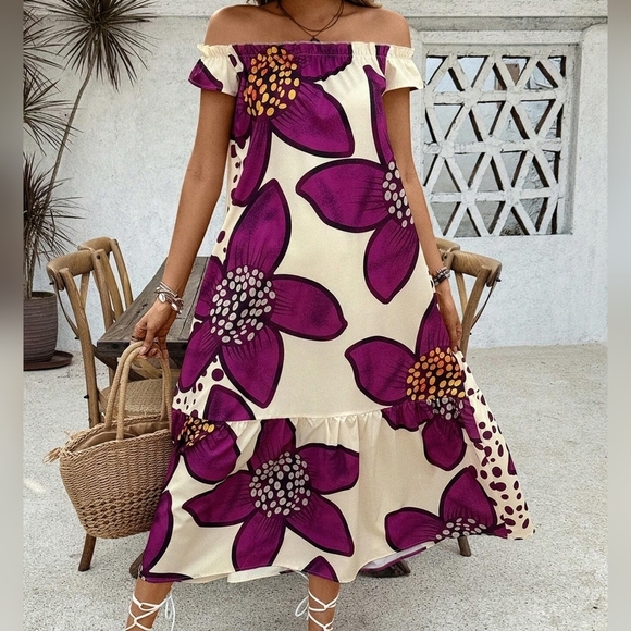 Women\ One Shoulder Printed Casual Vacation Dress With Ruffled Hem - Picture 2 of 4